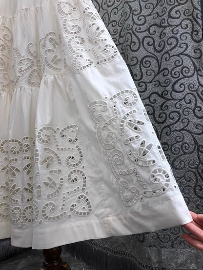 New 2025 Spring Long Skirt High Quality Women Elastic Waist Hollow Out Embroidery Luxury Cotton Linen Long Maxi White Skirts