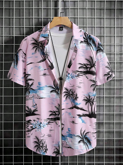 Men's Coconut Tree Graphic Print Short Sleeve Lapel Shirt Tops Men's Casual Button-Down Shirts For Summer Daily Wear And Resort
