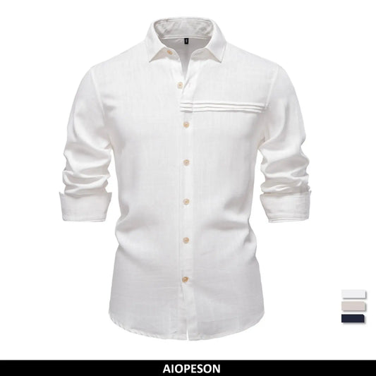 2025 New Design Men's Solid Color Linen Long Sleeve Shirt - Casual Button-Down Collar Shirt for Men