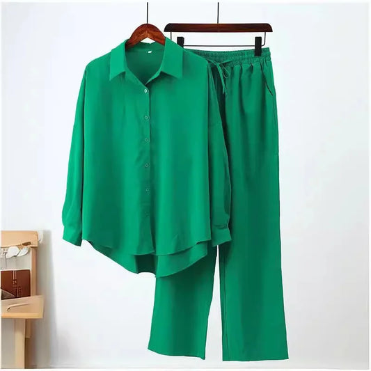 2024 New Style Amazon Autumn/Winter Cotton Linen Solid Color Loose-Fit Shirt Wide-Leg Trousers Casual Suit For Women