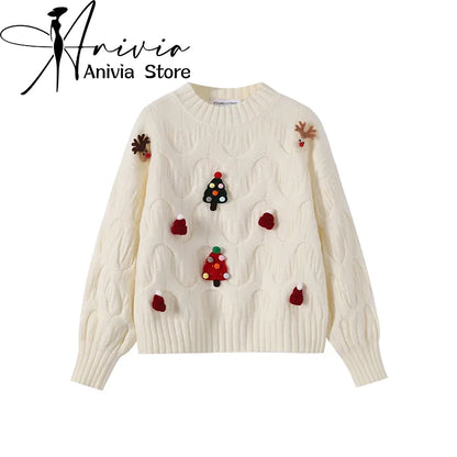 Women Christmas Pullover Knitted Sweater Y2k Fashion Harajuku Korean Vintage O-Neck Long Sleeves Red Sweaters 2000s Clothes 2024