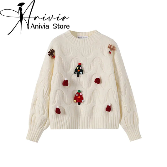 Women Christmas Pullover Knitted Sweater Y2k Fashion Harajuku Korean Vintage O-Neck Long Sleeves Red Sweaters 2000s Clothes 2024