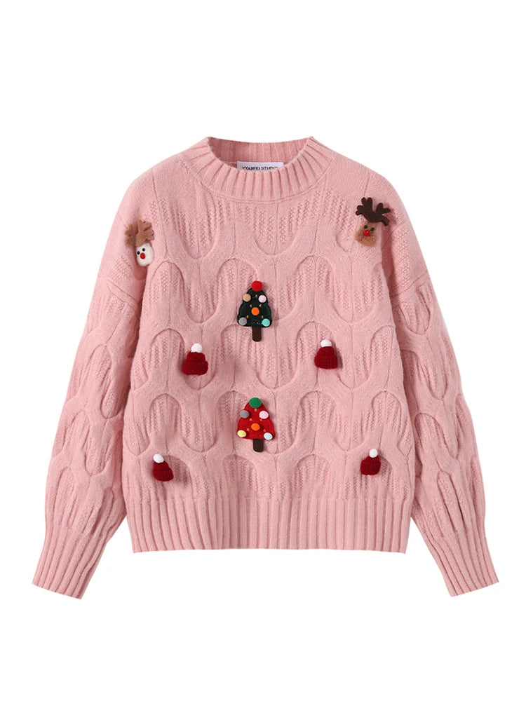 Women Christmas Pullover Knitted Sweater Y2k Fashion Harajuku Korean Vintage O-Neck Long Sleeves Red Sweaters 2000s Clothes 2024