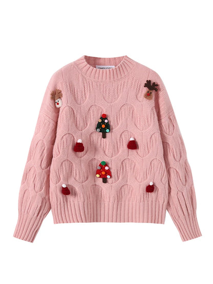 Women Christmas Pullover Knitted Sweater Y2k Fashion Harajuku Korean Vintage O-Neck Long Sleeves Red Sweaters 2000s Clothes 2024
