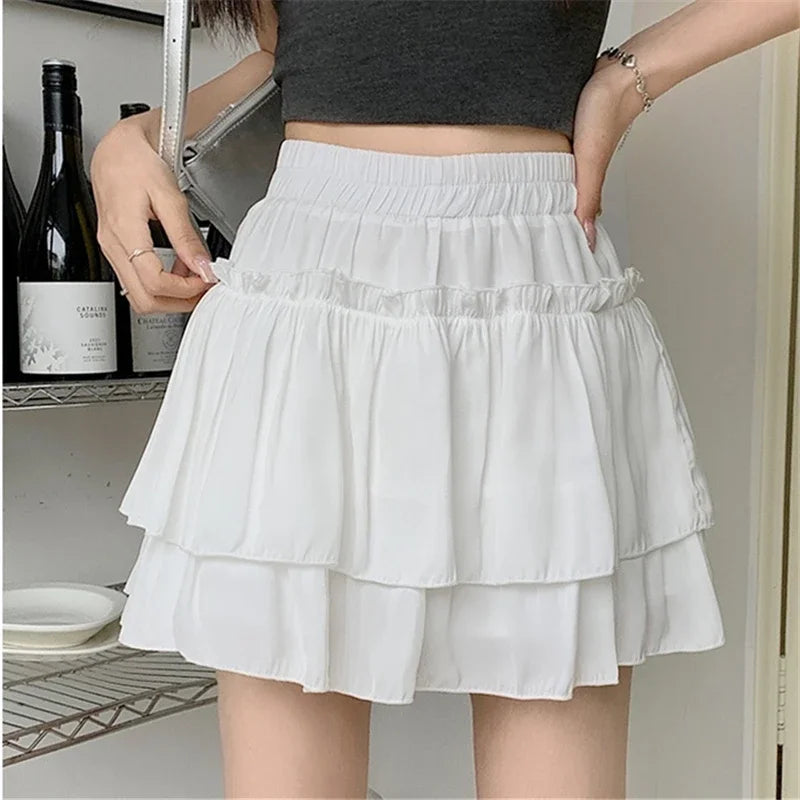 Summer Kawaii White Ruflles Skirt Women Fashion Slim Fit Mini Skirts Giris Y2k All Match Elastic High Waist Black Faldas