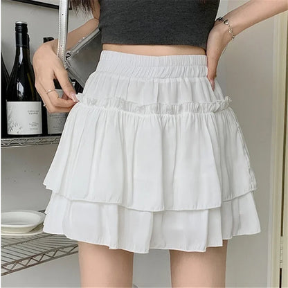 Summer Kawaii White Ruflles Skirt Women Fashion Slim Fit Mini Skirts Giris Y2k All Match Elastic High Waist Black Faldas
