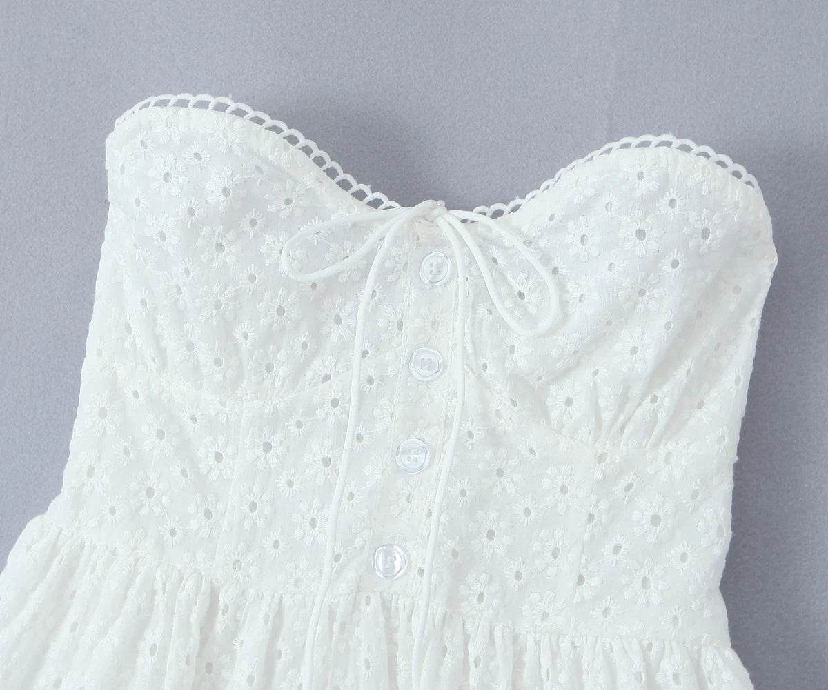 Evening Party Embroideryed Dress Elegant Summer Solid Color White Lace dress Off Shoulder Short Dress Front Tie Back Shirred