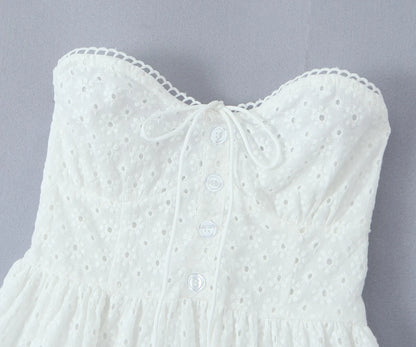 Evening Party Embroideryed Dress Elegant Summer Solid Color White Lace dress Off Shoulder Short Dress Front Tie Back Shirred