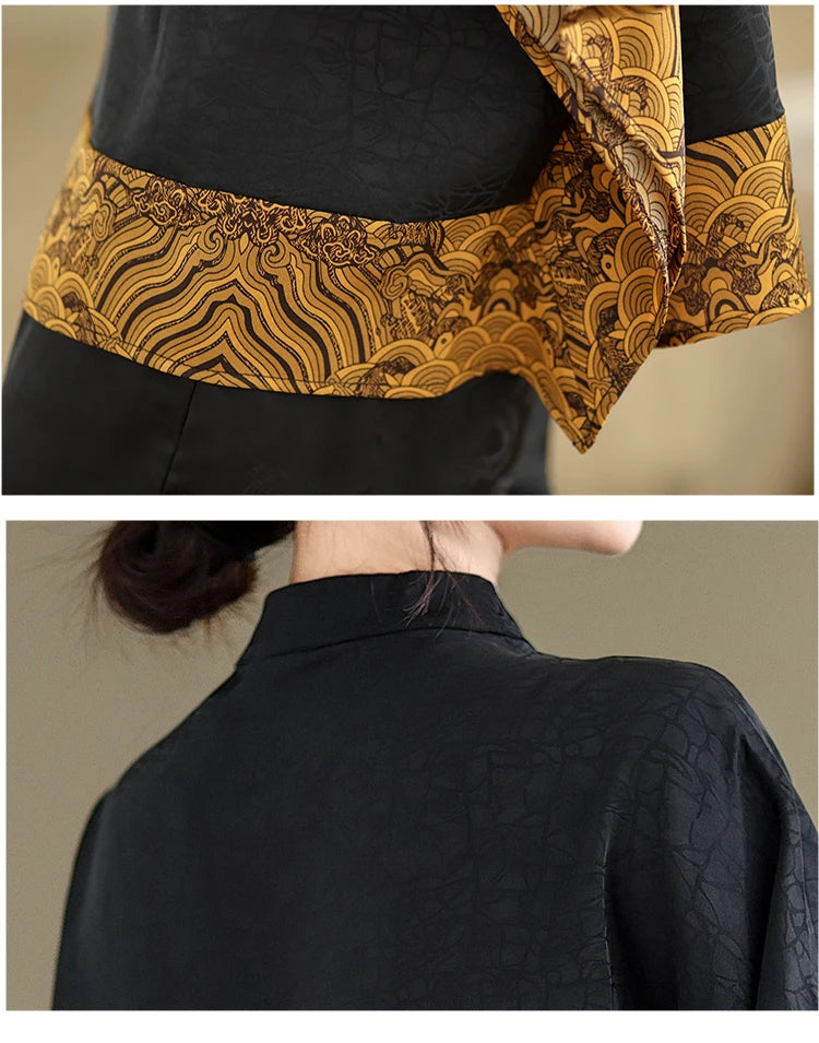Mulberry Silk Chinese Style T-shirt for Women Spring Summer Fashion Vintage Patchwork Half Sleeve Cloud Embroidery Female Blouse