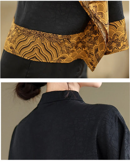 Mulberry Silk Chinese Style T-shirt for Women Spring Summer Fashion Vintage Patchwork Half Sleeve Cloud Embroidery Female Blouse