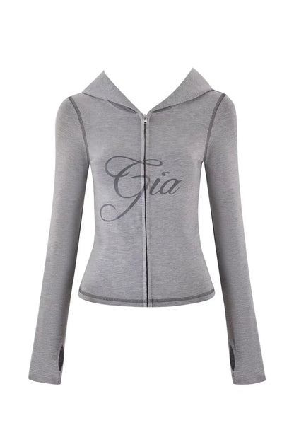 iamgia black cotton zipper hooded long sleeved high stretch top low waist micro flared pants for women 2024