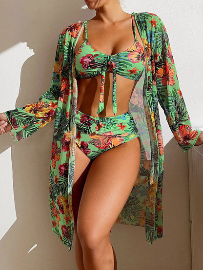Size S-3XL Bikini Three Pieces Floral Printed Swimsuit Women Bikini Set With Mesh Long-Sleeved Blouse,Bra Top with Pad Swimwear