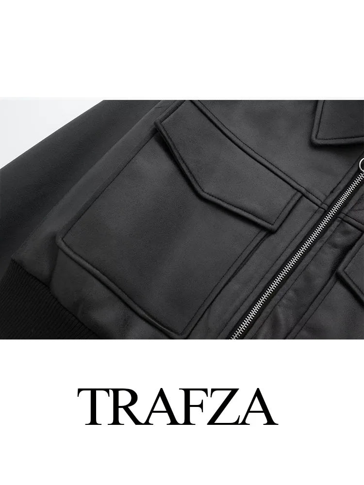 TRAFZA Winter Short Coats Woman Trendy Black Turn-Down Collar Long Sleeves Pockets Zipper Female High Street Thick Jackets