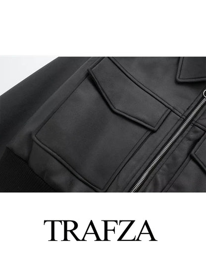 TRAFZA Winter Short Coats Woman Trendy Black Turn-Down Collar Long Sleeves Pockets Zipper Female High Street Thick Jackets