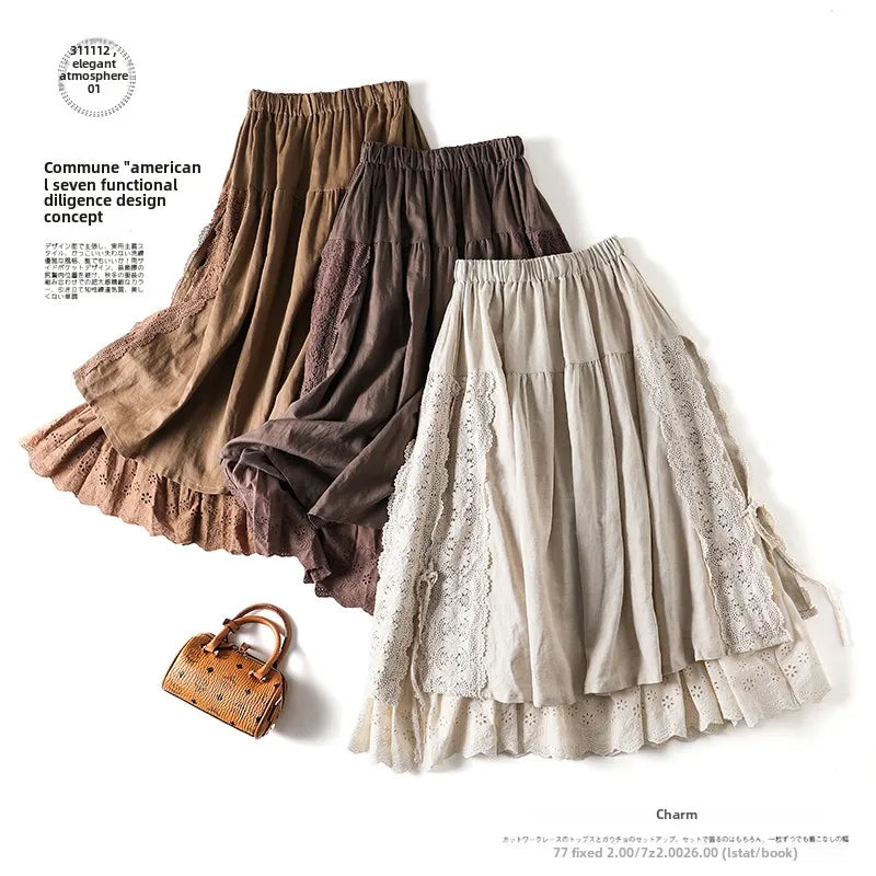 Sweet Sle Linen Skirt with Belt And Elastic Waist Heavy Embroidery Japanese Brand Women's Fashion Commute High Waist Long A...