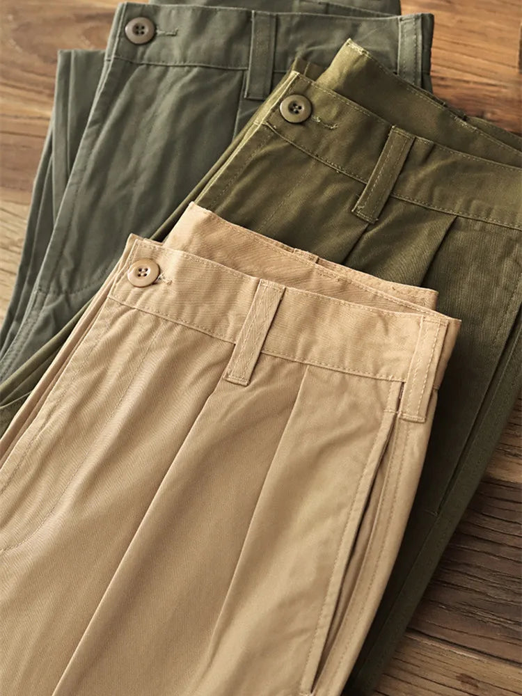 Autumn New American Retro Twill Pleat Chino Cargo Pants Men's Fashion 100% Cotton Washed Old Casual Straight Trousers