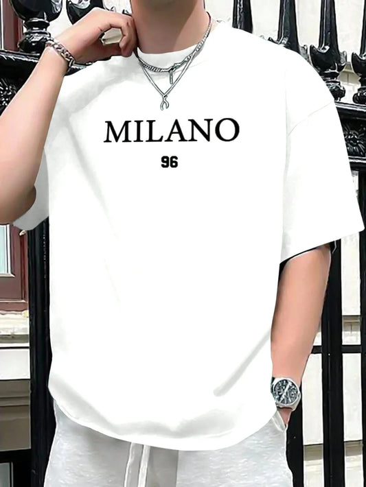 Summer New Men 100% cotton loose size MILANO 96 letter printed slim-fit casual sports round neck short sleeve T-shirt top