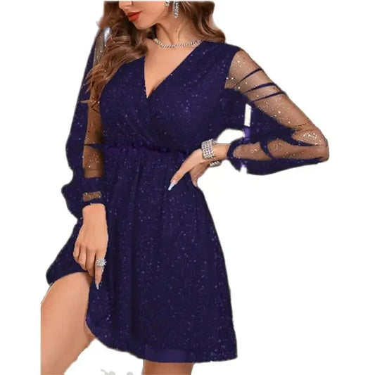 Elegant Mesh Splicing Long Sleeve Gown Women Party Fashion Glitter Deep V Neck Dress New Female Commuter High Waist Midi Dresses