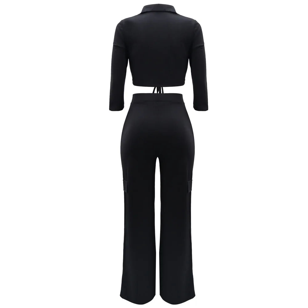 Elegant Office Women Two Piece  Short Shirt + Wide Leg Trousers Set