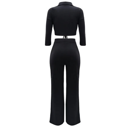 Elegant Office Women Two Piece  Short Shirt + Wide Leg Trousers Set