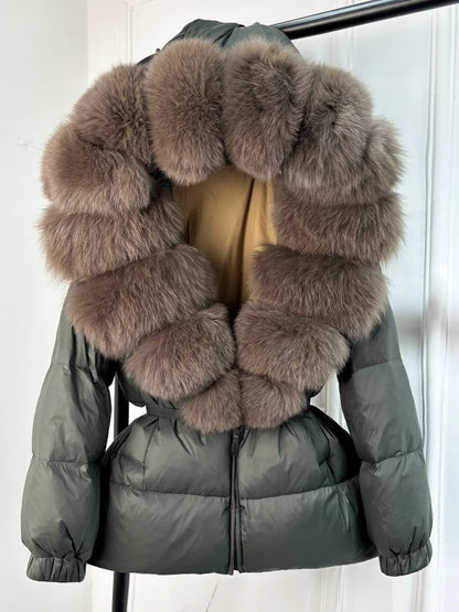 Janveny 2025 Winter Puffer Jacket Women Real Fox Fur Hooded Thick Warm 90% White Duck Down Coat Female Parkas Waterproof