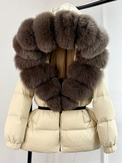 Janveny 2025 Winter Puffer Jacket Women Real Fox Fur Hooded Thick Warm 90% White Duck Down Coat Female Parkas Waterproof