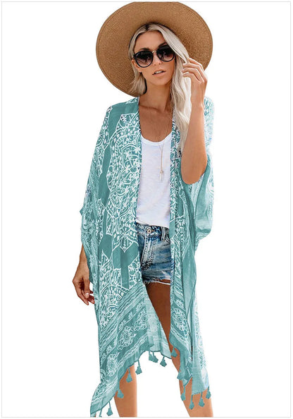 European and American seaside vacation print tassel cover up casual medium length loose beach dress for women