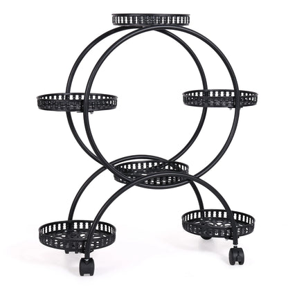 unho 6 Potted Metal Plant Stand Garden Cart Wrought Iron Flower Pots Rack Holder Display Shelf with Wheels for Patio Porch