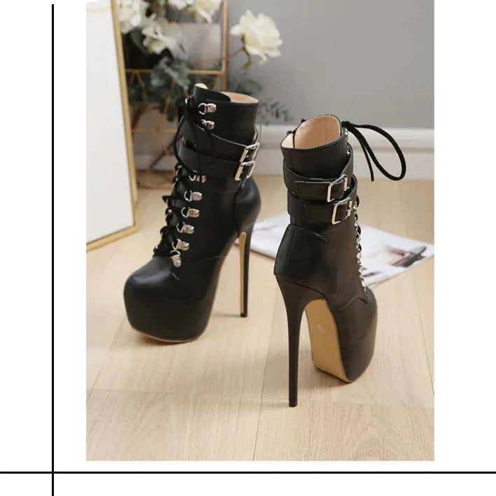 New Extreme Platform Boots Women For Autumn Winter Fashion Round Toe Thin Heels Ankle Strap Rivet Woman Boots