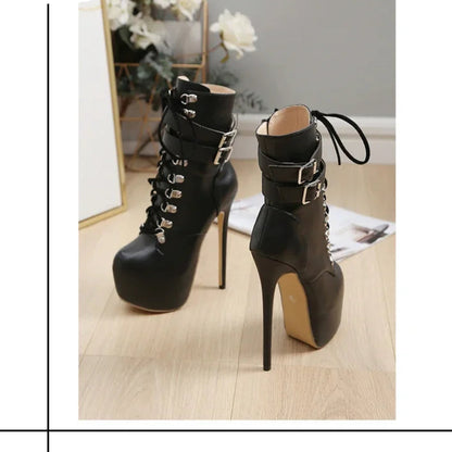 New Extreme Platform Boots Women For Autumn Winter Fashion Round Toe Thin Heels Ankle Strap Rivet Woman Boots