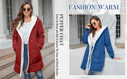 Womens Winter Warm Coats Sherpa Fleece Lined Long Hooded Puffer Jacket