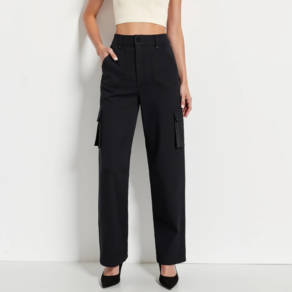 Women's High-Rise Regular-Fit Full-Length Black Cargo Straight leg Trouser Pant