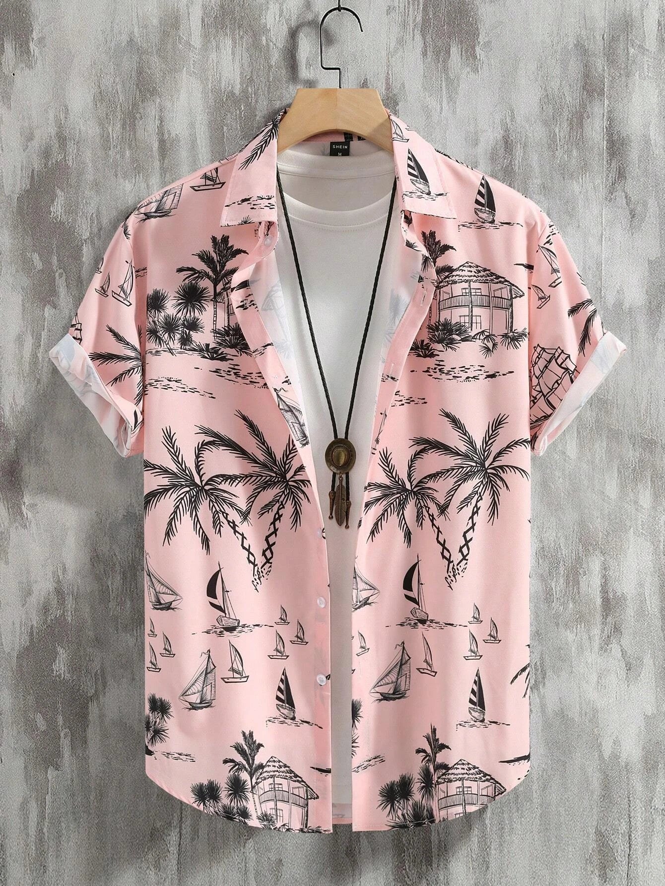 Men's Coconut Tree Graphic Print Short Sleeve Lapel Shirt Tops Men's Casual Button-Down Shirts For Summer Daily Wear And Resort