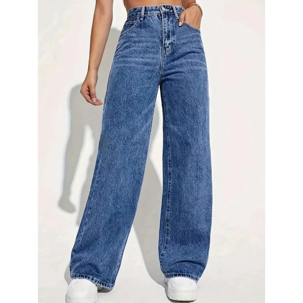 High-Waisted Washed Women's Jeans 2025 Solid Color Versatile Fashion Straight Pants Long Section for Casual Wear