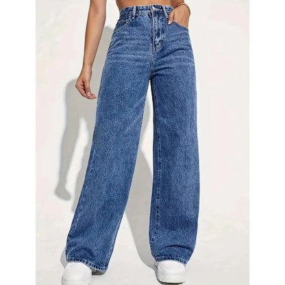 High-Waisted Washed Women's Jeans 2025 Solid Color Versatile Fashion Straight Pants Long Section for Casual Wear