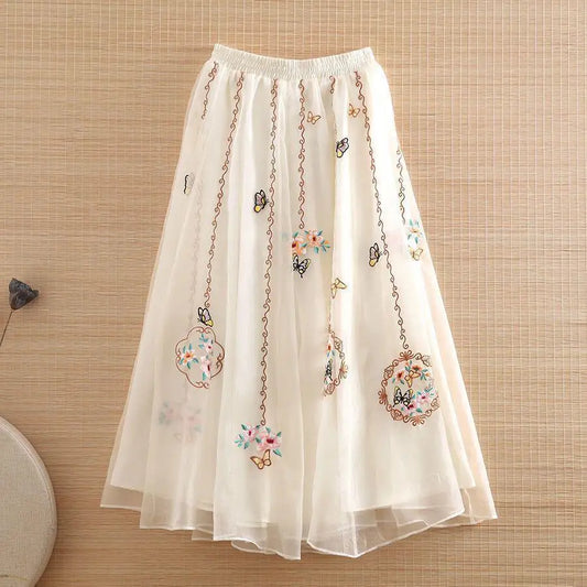 New Chinese Retro 2025 Autumn New Embroidered Mid-length A-line Skirt