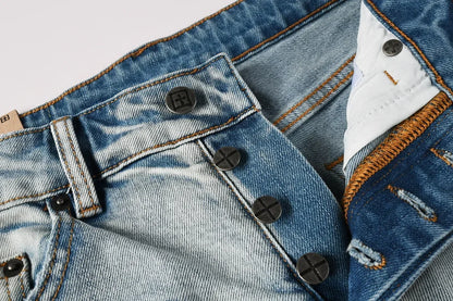 New Cross Denim shorts Men Fashion Trend Elastic Vintage wash Jeans American High Street Hip Hop Hole denim short