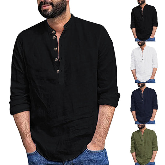Spring Men's Shirt with Long Sleeves Stand Collar Cotton Linen Black Casual Street White Top Button Summer Fashion Blouses