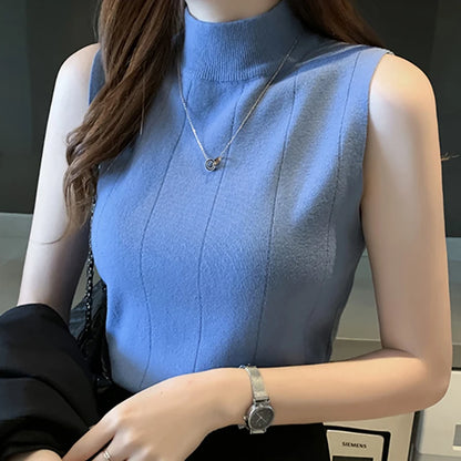 Women Knitted Solid Sweet Crop Tops O-neck Sleeveless Tops for Summer