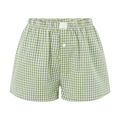 Women’s Y2K Retro Cleanfit Plaid Print Elastic Low Waist Button Front Aesthetic Loungewear Loose Shorts Boxers Streetwear