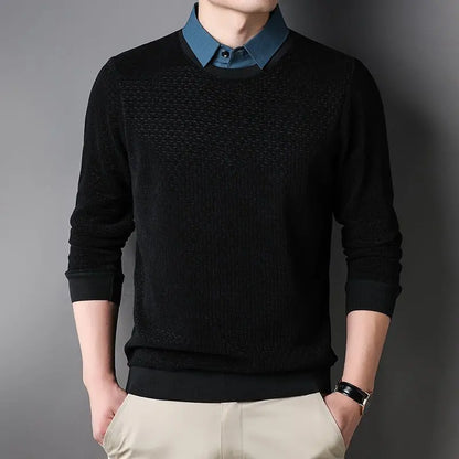 Autumn Winter New Fake Two Piece Shirt Collar Sweater Men Long Sleeved Solid Trendy Button Screw Thread Korean Slim Pullover Top