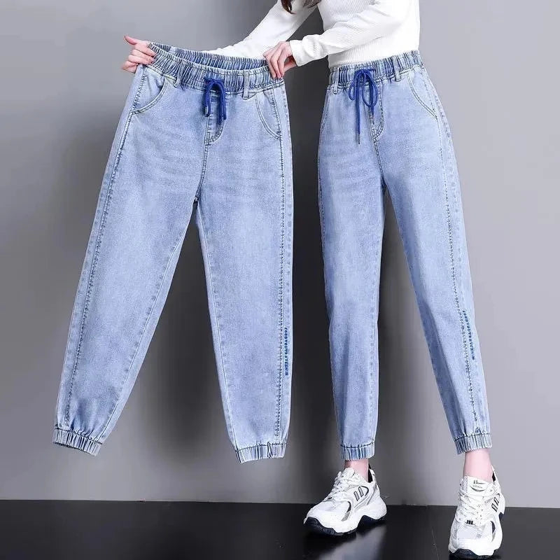 Women High Waist Denim Pants Harlan Elastic Waist Loose Casual Ankle long Pants
