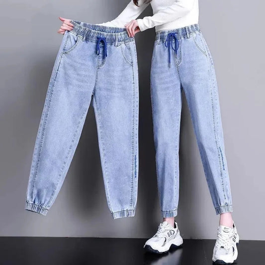 Women High Waist Denim Pants Harlan Elastic Waist Loose Casual Ankle long Pants