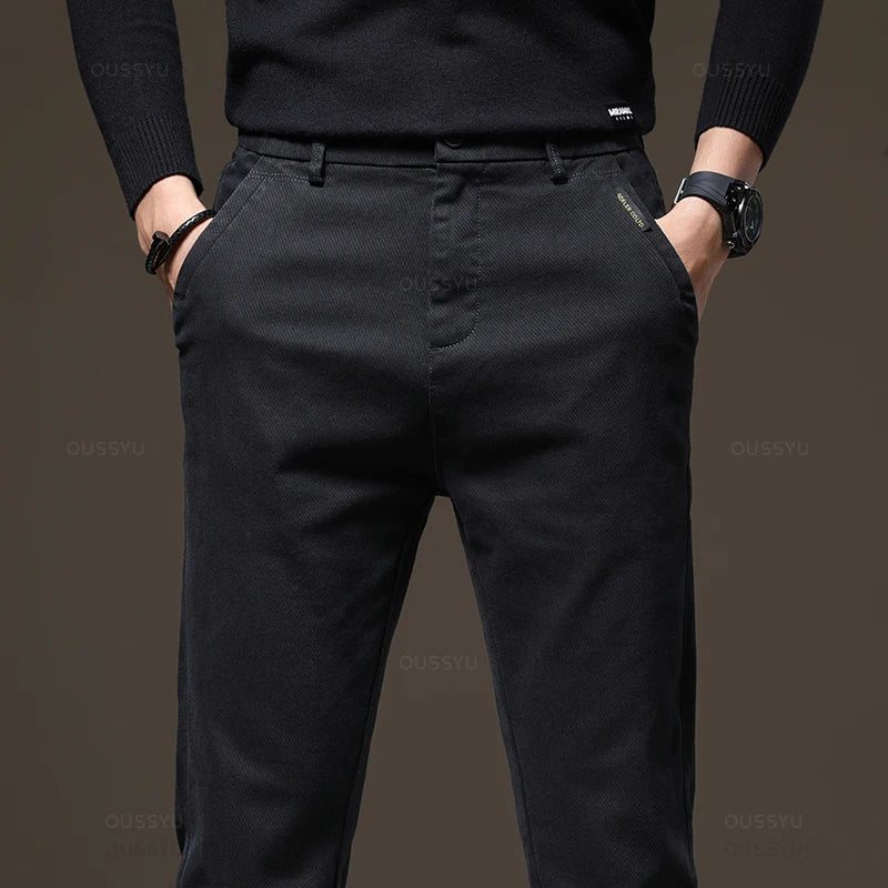 Autumn Winter High Quality Pants Men Elastic Waist Slim Coffee Twill Brand Clothing Thick Cargo Trousers Male Plus Size 28-38