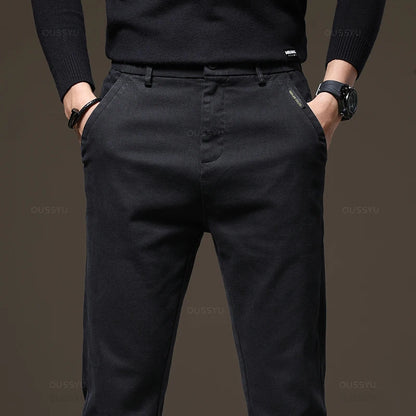 Autumn Winter High Quality Pants Men Elastic Waist Slim Coffee Twill Brand Clothing Thick Cargo Trousers Male Plus Size 28-38