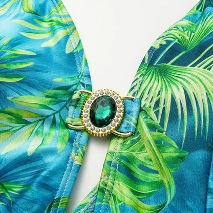 Flaxmaker Women Sexy Deep V Neck Long-sleeved Jungle Green Print One Piece Swimsuit And Skirt Summer Bathing Suit Monokini