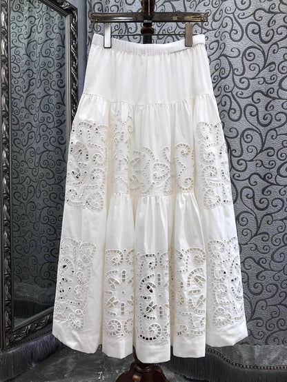 New 2025 Spring Long Skirt High Quality Women Elastic Waist Hollow Out Embroidery Luxury Cotton Linen Long Maxi White Skirts