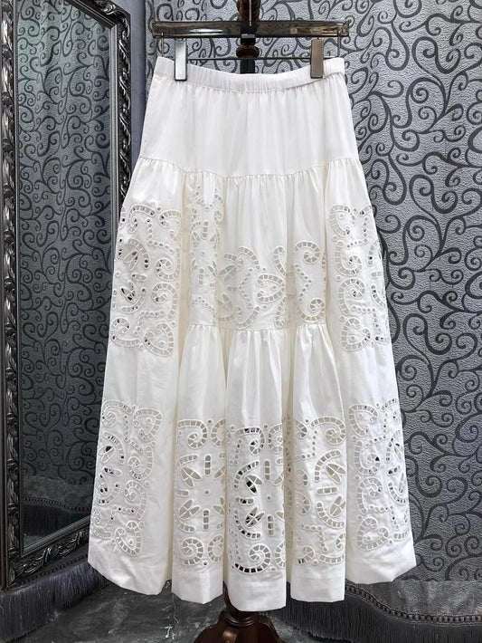 New 2025 Spring Long Skirt High Quality Women Elastic Waist Hollow Out Embroidery Luxury Cotton Linen Long Maxi White Skirts