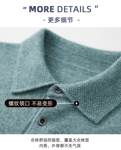 Autumn and winter new 100% pure wool sweater men's POLOL neck sweater lapel button cashmere sweater business bottoming shirt.