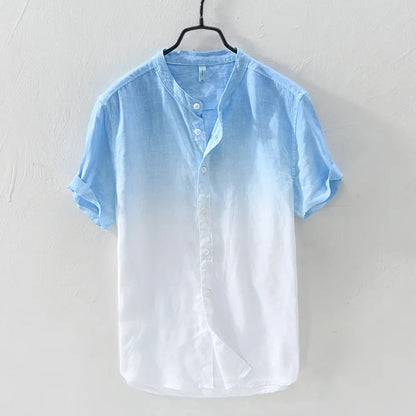 Short-sleeved shirt 100% linen cool breathable comfortable healthy material gradient blue Hawaiian beach men's cardigan shirt